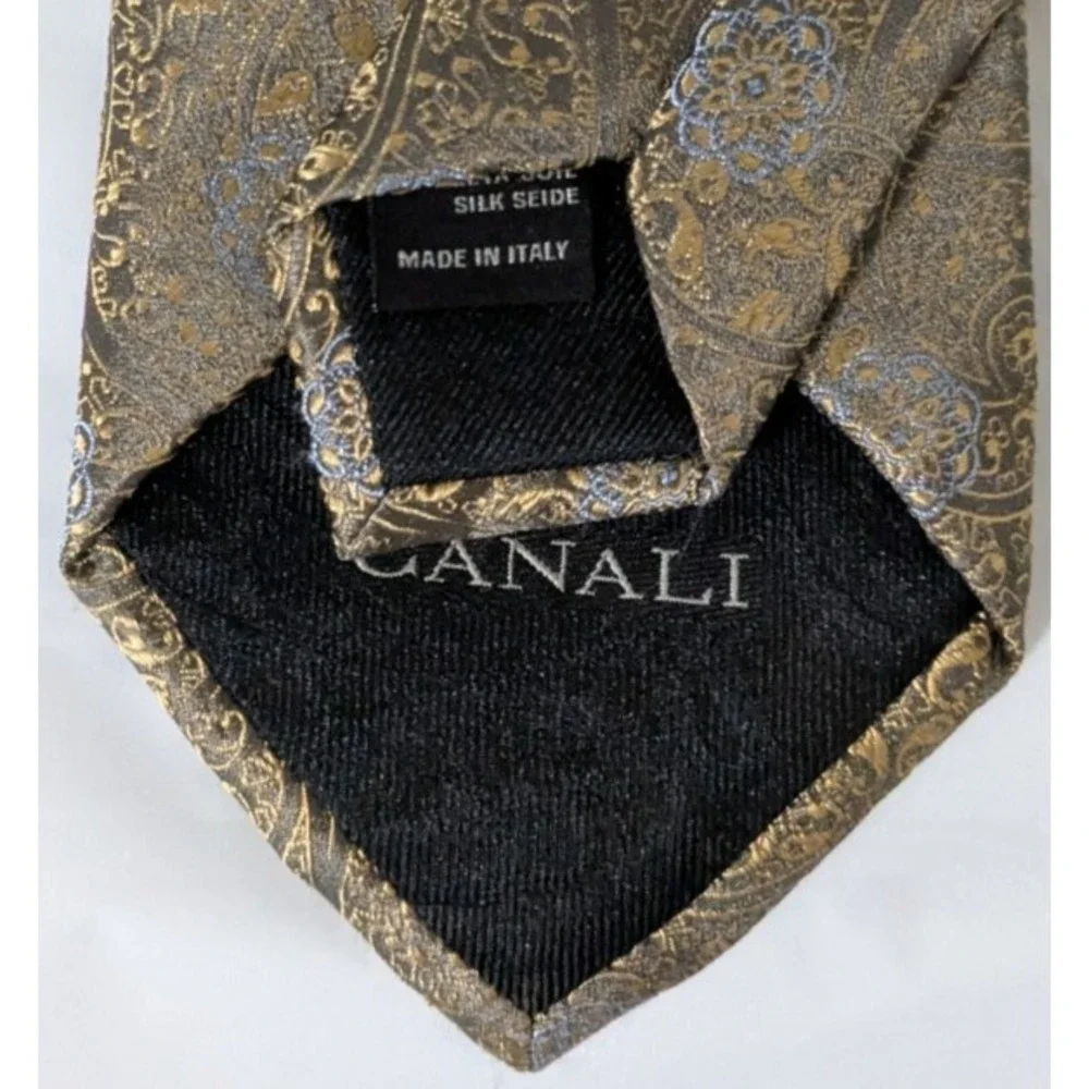 Canali Metallic Gold Jacquard Paisley Blue Floral Medallion Made in Italy 60 X 4